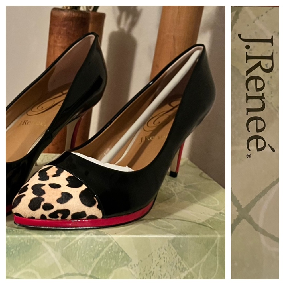NWB J.Renee Black Heels with Leopard Print Calf Hair and Red Accents